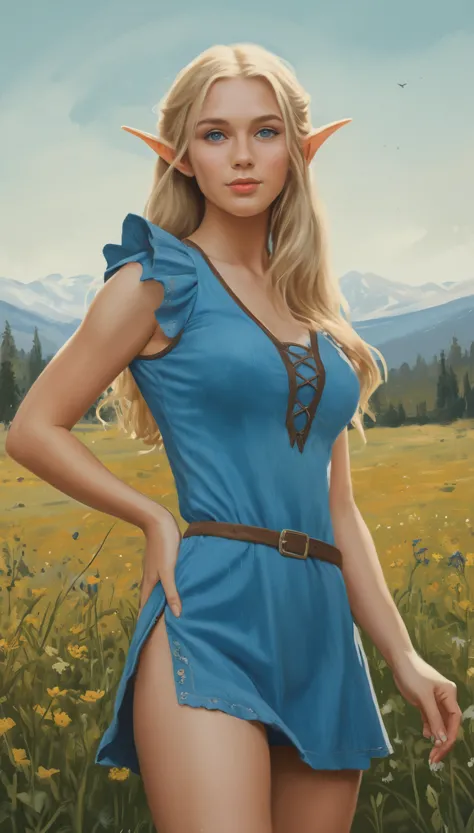 An illustrated movie poster, hand-drawn, full color, a teenage elven girl, wearing a corduroy mini-dress, sun-tanned complexion,...