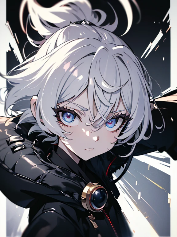 (Masterpiece, Best quality, ultra high resolution),1woman,white hair,short hair,((oni girl 👹)),((bols look)),(black jacket),beautiful and detailed face, detailed eyes, looking at the viewer,(grey theme),in a park,night,close jacket,(spiky hair), (Thick hair),(aesthetic clothings),fringe