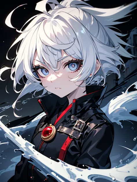 (Masterpiece, Best quality, ultra high resolution),1woman,white hair,short hair,((oni girl 👹)),((bols look)),(black jacket),beau...