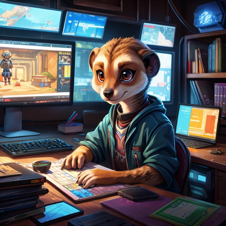 hier ist ein Erdmännchen, das an einem Schreibtisch mit einem Computer sitzt, entzückende digitale Malerei, cyberpunk meerkat, cybermeerkat, süße detaillierte digitale Kunst, realistisches Anime-Erdmännchen, 4K hochdetaillierte digitale Kunst, Detaillierte digitale Kunst in 4K, anime meerkat, hochwertige Desktop-Hintergrundbilder, realistische Darstellung, ein anthropomorphes Erdmännchen, Rollenspielkunst, pelziger Künstler, digitale Malerei mit vielen Details, 