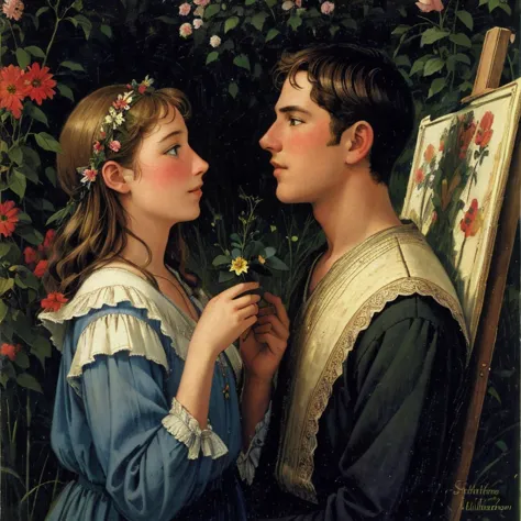 painting of a boy and girl kissing in a field of flowers, peasant boy and girl first kiss, ( art fitzpatrick ), boy girl traditi...