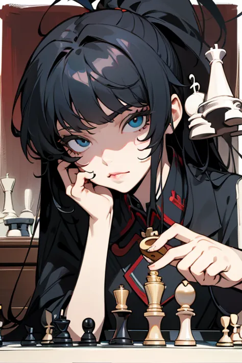 girl, black hair, sunglasses, messy, hands on chin, playing chess, chess, full quality, bilhos refle, perfect anatomy, perfect b...