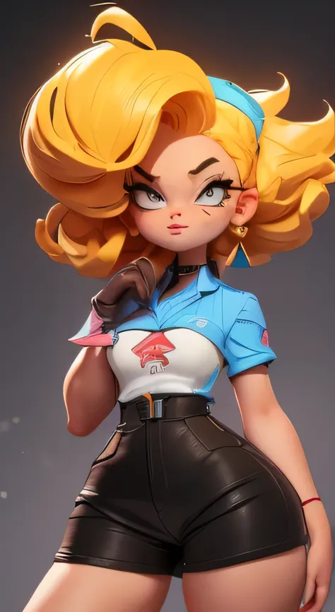 (Blind box toy style, Western cartoon Q version), colored hair. A 10 year old girl. short haircut. blonde. wide hips. cleavage.
