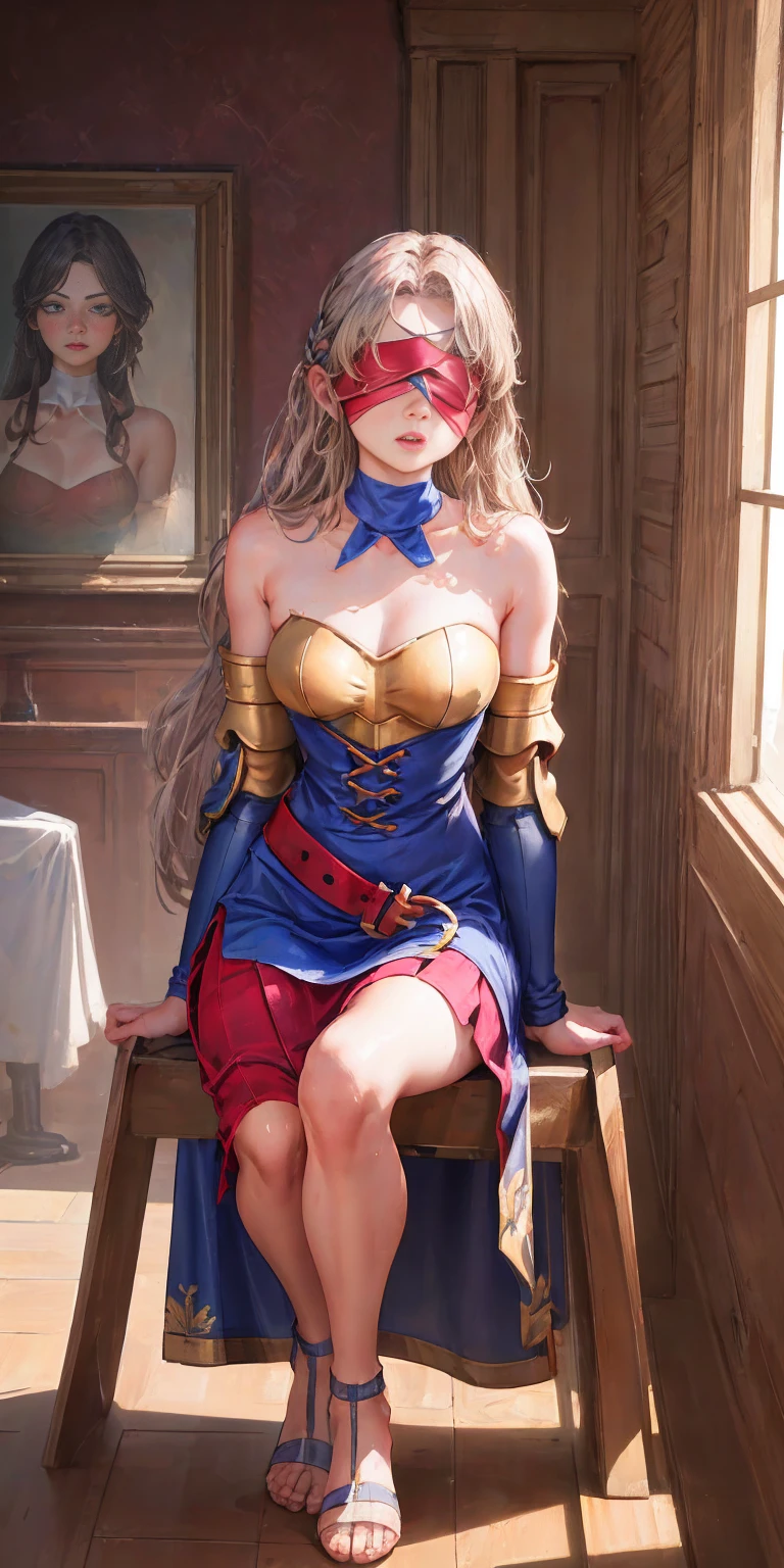 (Best quality, 4k, Masterpiece :1.3), sit-ups :1.1 full body symmetrical beautiful woman, (eye color: 1.5), color ribbons, bows, long hair, golden bracelets, detached sleeves bare shoulders, bikini armor, collars, dresses, earrings, florals, jewelry, metal collars, miniskirt, hip curtain, high thighs, ring, skirt, looking at the audience, indoors, bed, high resolution, unity Wallpaper 8k, (illustration:0.8), (beautiful eye details:1.6), highly detailed faces, perfect lighting, highly detailed CG, (perfect hands, perfect anatomy) cross belt blindfold