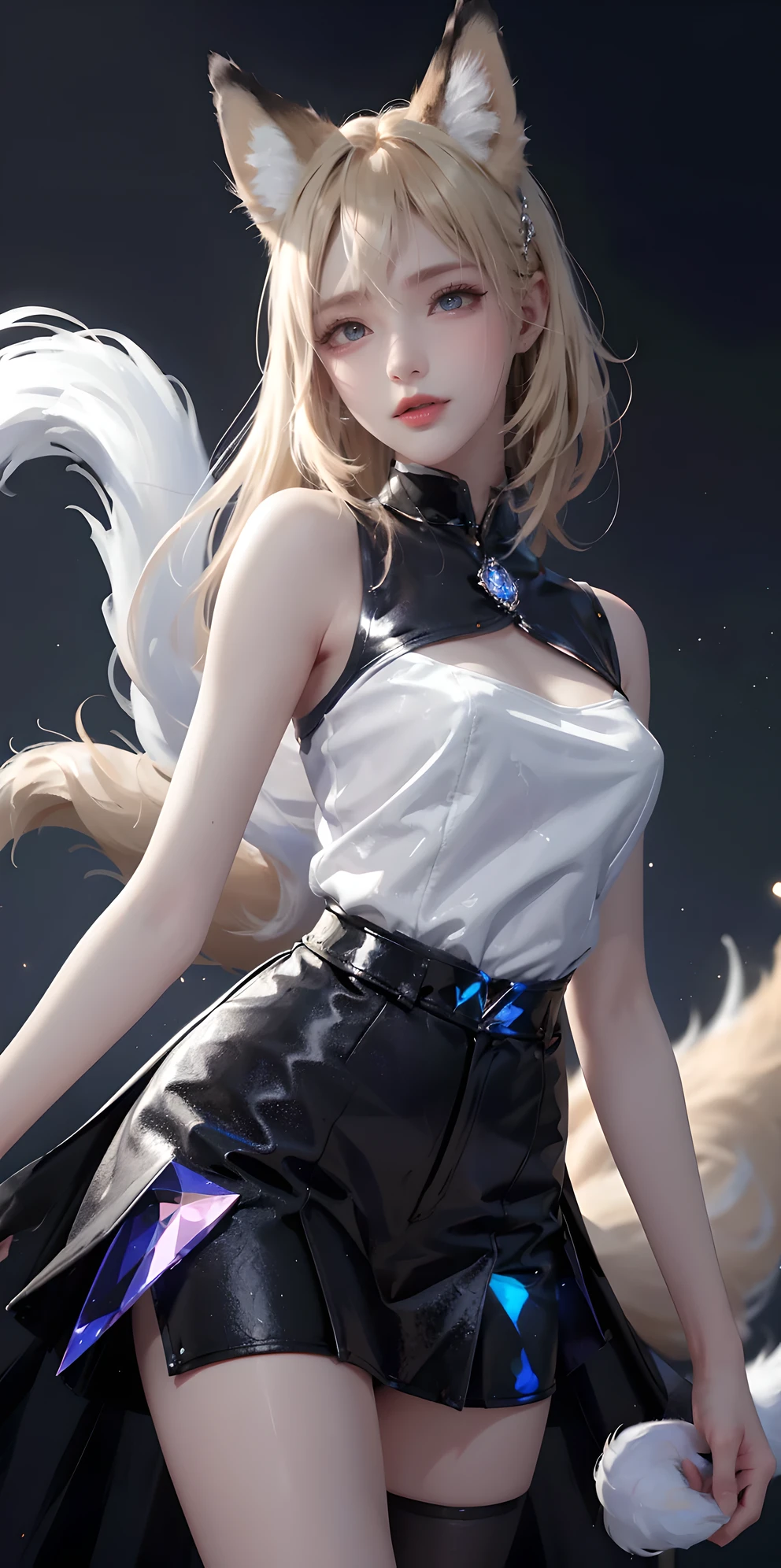 Super Resolution, (Realism: 1.3), 1 (Slim: 1.2) Girl, Solo, Looking at the Audience, League of Legends, Fox, KDA Fox, Blonde Hair, Fox Ears, Fox Tail, Blue Coat, White Top, Black Skirt, Laser, Light Effect, Super Perfect Face, Perfect Eyes, Good Looking, ((Crystal Tail,)) Lots of Tails, Perfect Eyes