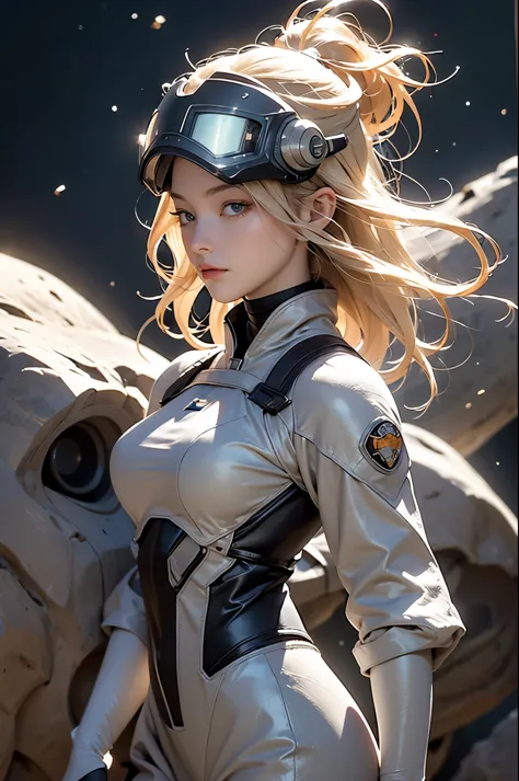 angry sexy blonde woman space ranger, facing the camera, helmet off, face mask up, rocks covered with brown furry fuzzy moss lik...