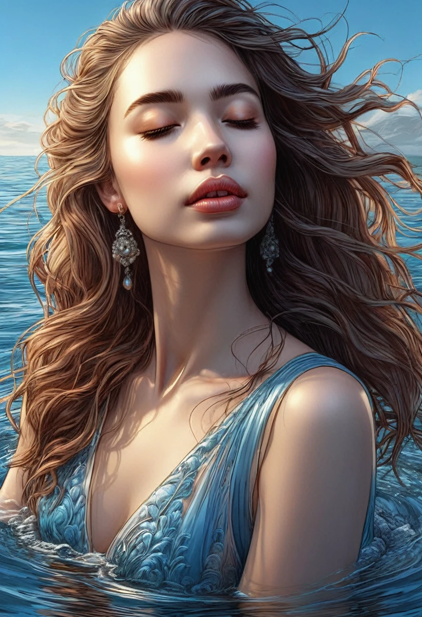 (best quality, 4k, 8k, high resolution, masterpiece: 1.2), ultra detailed, (realistic, photorealistic, photorealistic: 1.37), (beautiful woman floating in water with closed eyes, relaxed: 1.6), wearing a long dress , sea, beautiful detailed lips, fluid dress, sunlight reflecting on the water, floating hair, tranquil landscape, light blue dress, serene expression, vivid colors, gentle waves, gentle breeze, golden hour lighting