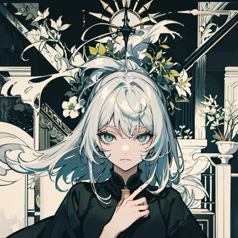Silver-haired lady, Green eye, Black and white tiles, Playing chess,