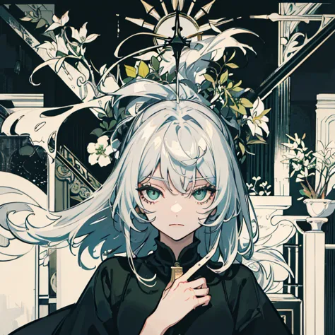 silver-haired lady, green eye, black and white tiles, playing chess,