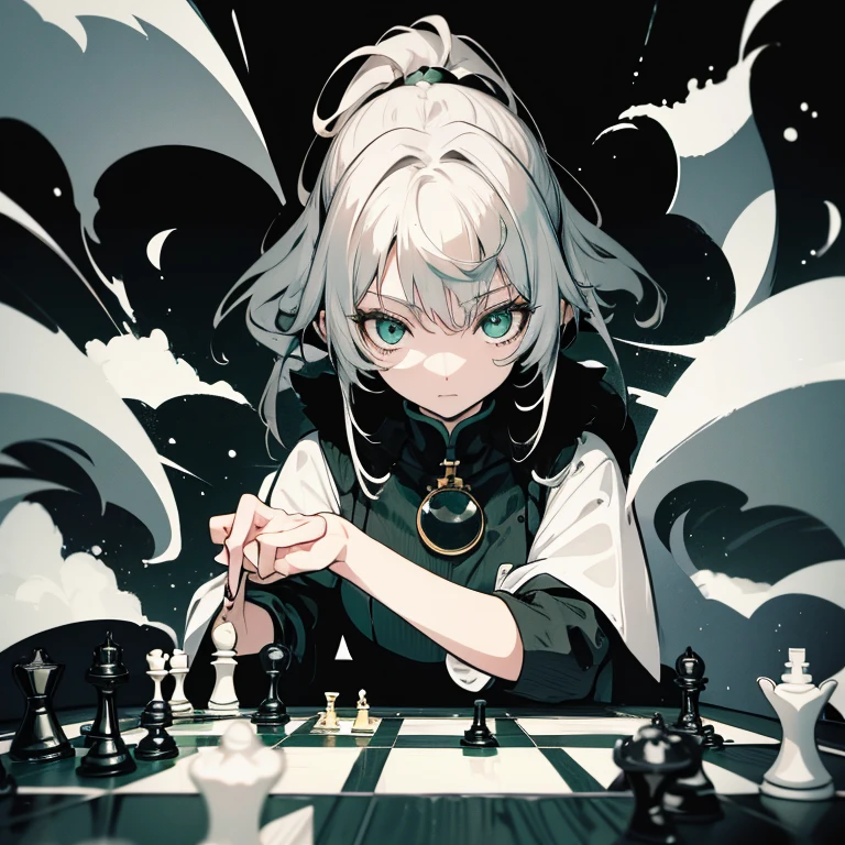 Silver-haired lady, Green eye, Black and white tiles, Playing chess,