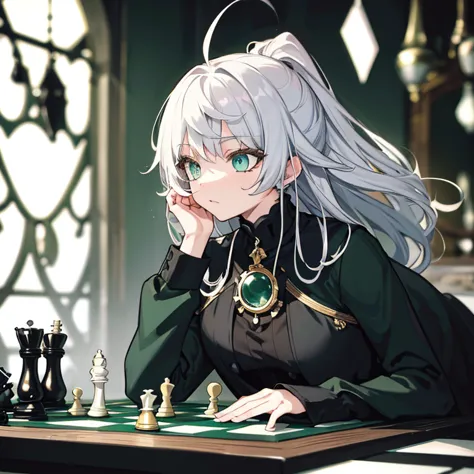 silver-haired lady, green eye, black and white tiles, playing chess,