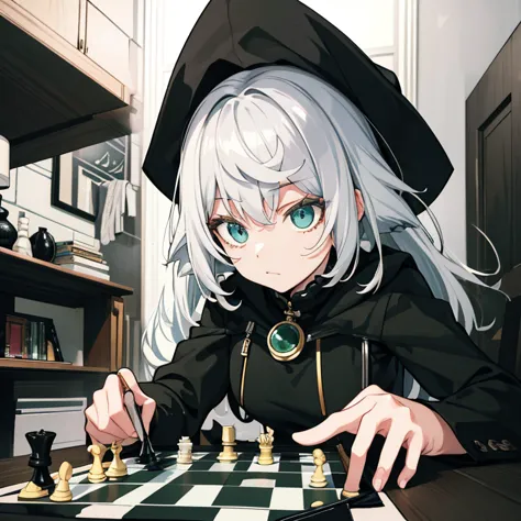 silver-haired lady, green eye, black and white tiles, playing chess,