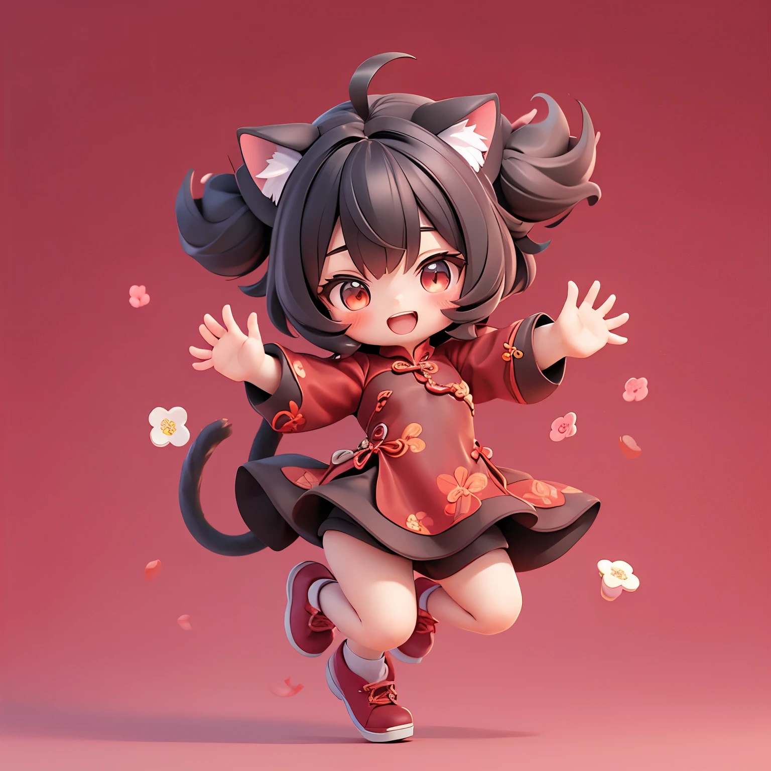 Matte blind box，(Red cheongsam)，Simple background，best quality,Cat ears,Happy expression,Jump up