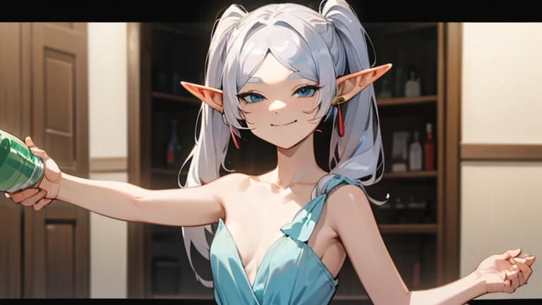 (1 girl),(((pointy ears))),((twintails)),((earrings)),jewelry,(((solo))),(((smile))),towel,(((long hair))),(((,elf girl))),((((Frieren)))),wooden floor,pillarboxed,(((((half-closed eyes))))),(((blue eyes))), indoors,(((white hair))),(((small breasts))),table,bare shoulders,parted bangs,holding, (((holding a bottle with the stretched arm))),(meme,collarbone,(((closed mouth))),parody,smug,bottle,bangs,braid,upper body