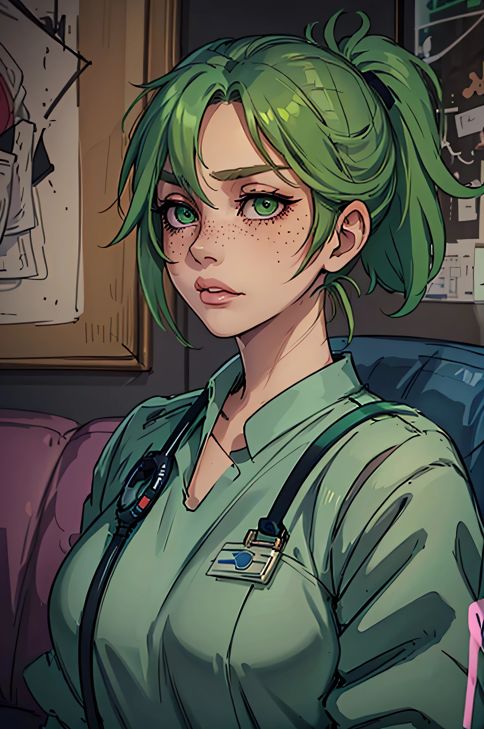 Masterpiece, best quality, centered in frame, portrait, female, tan skin, stressed expression, busty, exhaling smoke, eye bags, emt gear, stethoscope, nervous, pink full lips, messy ponytail, bright green hair, couch landscape, green eyes, paramedic uniform, freckles, beautiful