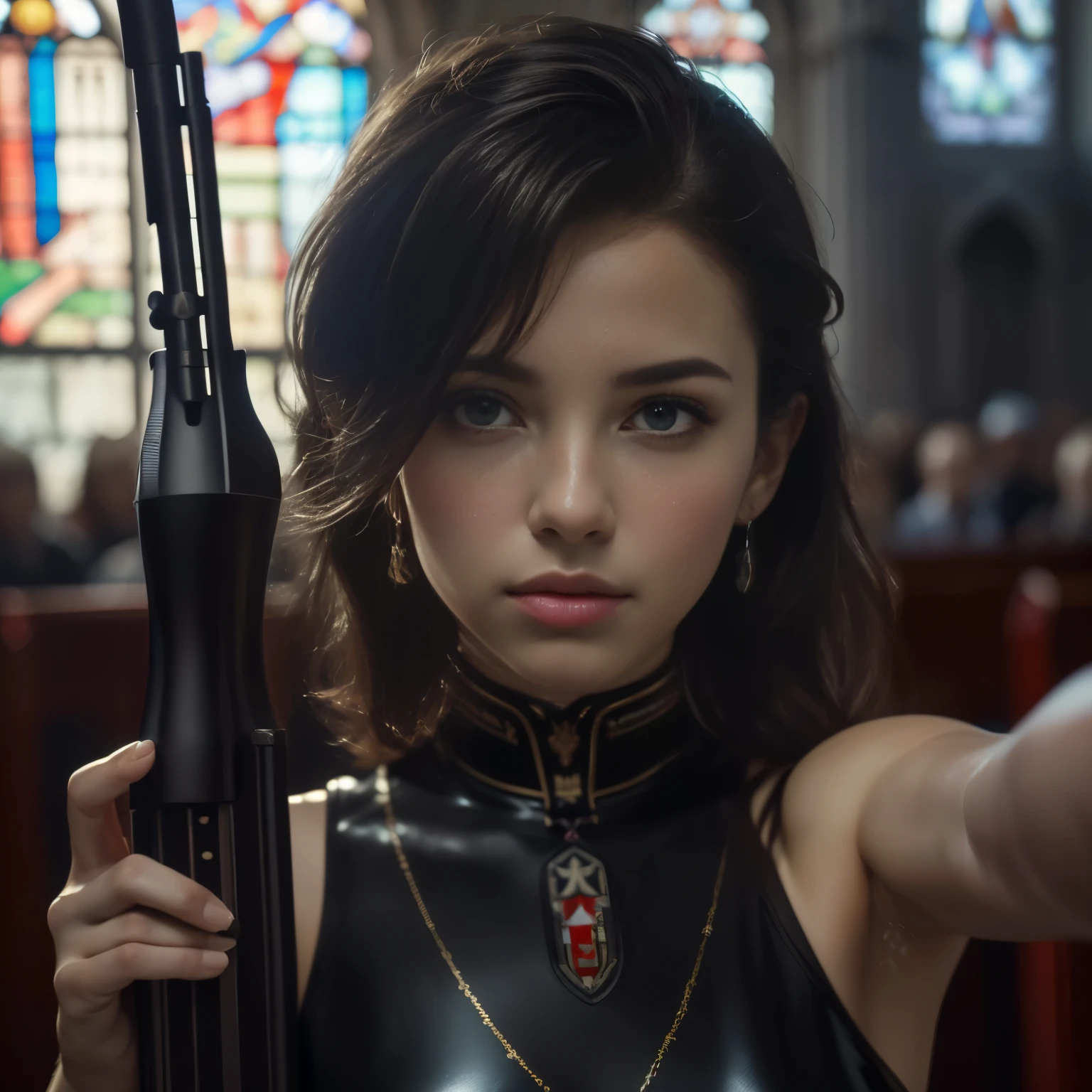 (best quality,ultra-detailed,realistic:1.37),portrait,hair styled up,translucent latex dress,(Aim your assault rifle at the camera:1.6),she is standing at the altar of a chapel,stained glass, mynatalee woma、cr1r3、ahud