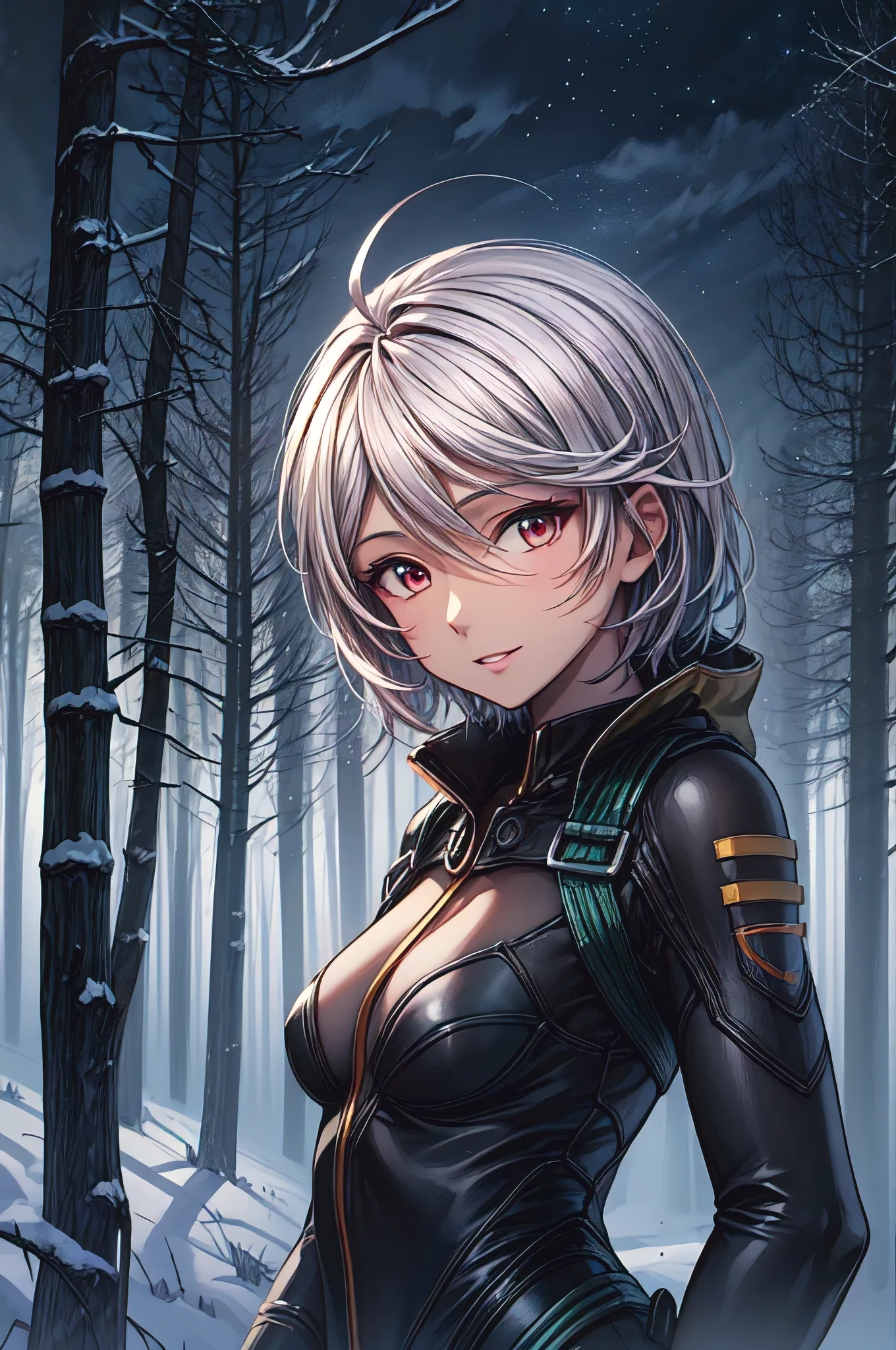 (masterpiece, best quality:1.2), solo, 1girl, yamamoto akira, dark skin, expressionless, looking at viewer, ahoge, bodysuit, outer space, (dynamic pose:1.0),happy,smile,(centered,scale to fit dimensions,Rule of thirds), ((snowy pine forest at night)), with dark stormy clouds,winter,scenery:1.25,((snow forest background)),Christmas tree, highres,sharp focus,(ultra detailed,extremely detailed),(photorealistic artwork:1.37),(extremely detailed CG unity 8k wallpaper),(((vibrant colors,vibrant theme))),(intricate),(masterpiece),(best quality),
