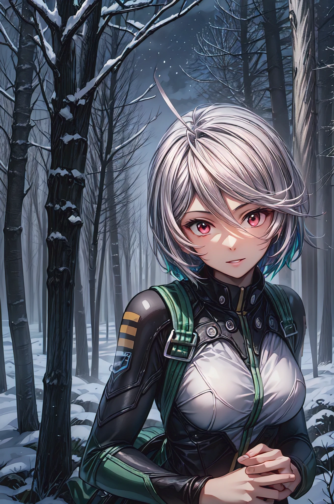 (masterpiece, best quality:1.2), solo, 1girl, yamamoto akira, dark skin, expressionless, looking at viewer, ahoge, bodysuit, outer space, (dynamic pose:1.0),happy,smile,(centered,scale to fit dimensions,Rule of thirds), ((snowy pine forest at night)), with dark stormy clouds,winter,scenery:1.25,((snow forest background)),Christmas tree, highres,sharp focus,(ultra detailed,extremely detailed),(photorealistic artwork:1.37),(extremely detailed CG unity 8k wallpaper),(((vibrant colors,vibrant theme))),(intricate),(masterpiece),(best quality),
