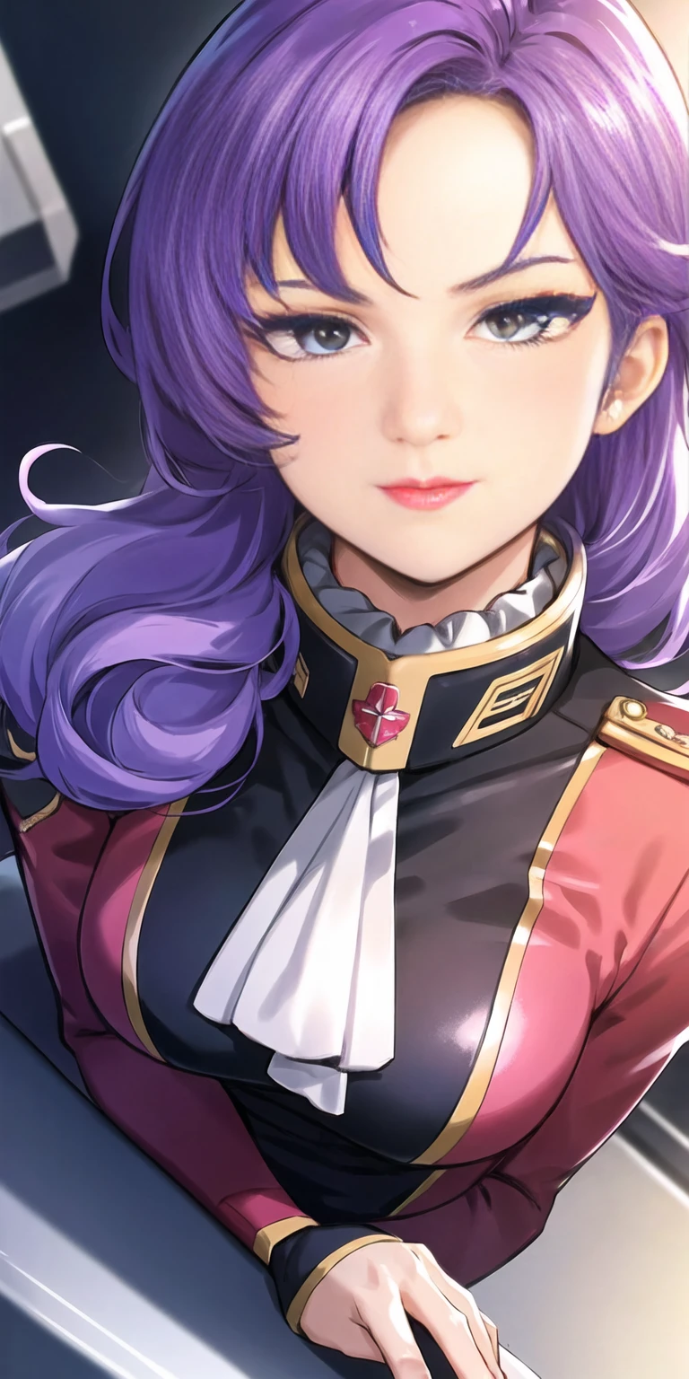 red uniform,pink military uniform,
purple hair ,blue eyes,lipstick, long hair,
1 girl, 20yo,Young female,Beautiful Finger,Beautiful long legs,Beautiful body,Beautiful Nose,Beautiful character design, perfect eyes, perfect face,expressive eyes, looking at viewer, in the center of the image,(light_smile:0.5), official art,extremely detailed CG unity 8k wallpaper, perfect lighting,Colorful, Bright_Front_face_Lighting,shiny skin, (masterpiece:1.0),(best_quality:1.0), ultra high res,4K,ultra-detailed, photography, 8K, HDR, highres, absurdres:1.2, Kodak portra 400, film grain, blurry background, bokeh:1.2, lens flare, (vibrant_color:1.2) (Beautiful,large_Breasts:1.0), (beautiful_face:1.5),(narrow_waist)