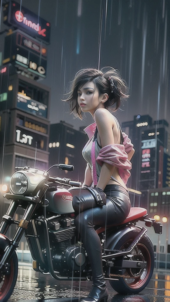 (Realistic:1.3, 16K, highest quality, masterpiece, Ultra-high resolution), ((rain, From below)), Perfect dynamic composition:1.2, (Modern futuristic city at night, Expressions of sadness:0.5, Drive a motorcycle:0.5), Highly detailed skin and facial textures:1.2, Young Japanese Woman, Incredibly slim body, Fair skin, Sexy beauty, Very beautiful face, beautifully、aesthetic, (Pink tight skirt, Wear cyberpunk clothes), (Shapely breasts, Chest gap), (Big eyes that exude beautiful eroticism, Lips that exude beautiful eroticism), necklace, Earrings, bracelet, wedding ring, Shoulder bag, clock, sunglasses, motorcycle, Cowboy Shot