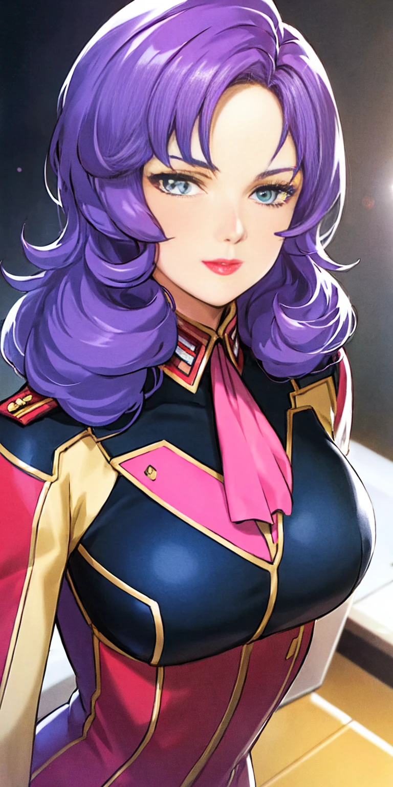 red uniform,pink military uniform, purple hair ,blue eyes,lipstick, long hair, 1 girl, 20yo,Young female,Beautiful Finger,Beautiful long legs,Beautiful body,Beautiful Nose,Beautiful character design, perfect eyes, perfect face,expressive eyes, looking at viewer, in the center of the image,(light_smile:0.5), official art,extremely detailed CG unity 8k wallpaper, perfect lighting,Colorful, Bright_Front_face_Lighting,shiny skin, (masterpiece:1.0),(best_quality:1.0), ultra high res,4K,ultra-detailed, photography, 8K, HDR, highres, absurdres:1.2, Kodak portra 400, film grain, blurry background, bokeh:1.2, lens flare, (vibrant_color:1.2) (Beautiful,large_Breasts:1.0), (beautiful_face:1.5),(narrow_waist)