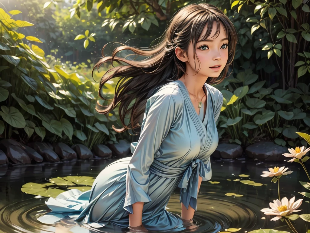 (best quality,4k,highres,masterpiece:1.2),ultra-detailed,(realistic,photorealistic,photo-realistic:1.37),((floating gi)))),gardenside,peaceful,ethereal,serene,soft sunlit touch,natural beauty,delicate features,vibrant colors,flowing dress,long wavy hair,gentle breeze,floating flower petals,dancing sunlight,greenery,harmonious nature,calm water reflections,tranquil atmosphere,lost in thoughts,butterflies fluttering,subtle happiness,whispers of the wind,stunning visual aesthetics