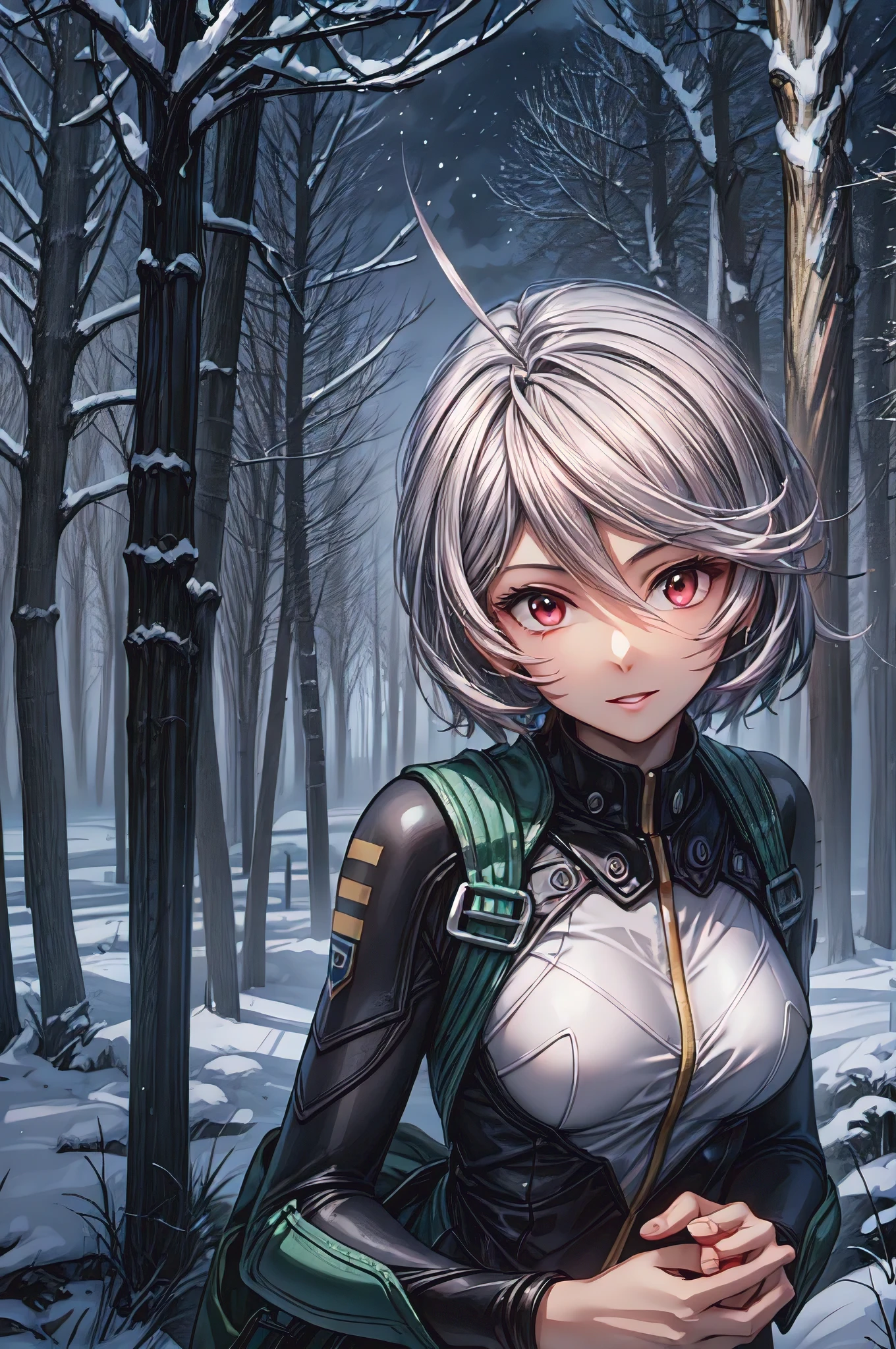  (masterpiece, best quality:1.2), solo, 1girl, yamamoto akira, dark skin, expressionless, looking at viewer, ahoge, bodysuit, outer space, (dynamic pose:1.0),happy,smile,(centered,scale to fit dimensions,Rule of thirds), ((snowy pine forest at night)), with dark stormy clouds,winter,scenery:1.25,((snow forest background)),Christmas tree, highres,sharp focus,(ultra detailed,extremely detailed),(photorealistic artwork:1.37),(extremely detailed CG unity 8k wallpaper),(((vibrant colors,vibrant theme))),(intricate),(masterpiece),(best quality),