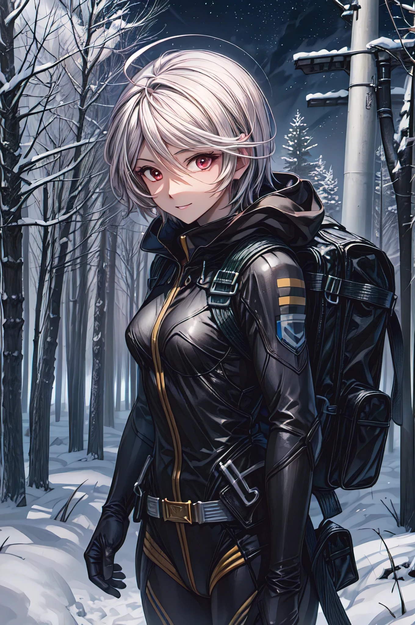  (masterpiece, best quality:1.2), solo, 1girl, yamamoto akira, dark skin, expressionless, looking at viewer, ahoge, bodysuit, outer space, (dynamic pose:1.0),happy,smile,(centered,scale to fit dimensions,Rule of thirds), ((snowy pine forest at night)), with dark stormy clouds,winter,scenery:1.25,((snow forest background)),Christmas tree, highres,sharp focus,(ultra detailed,extremely detailed),(photorealistic artwork:1.37),(extremely detailed CG unity 8k wallpaper),(((vibrant colors,vibrant theme))),(intricate),(masterpiece),(best quality),