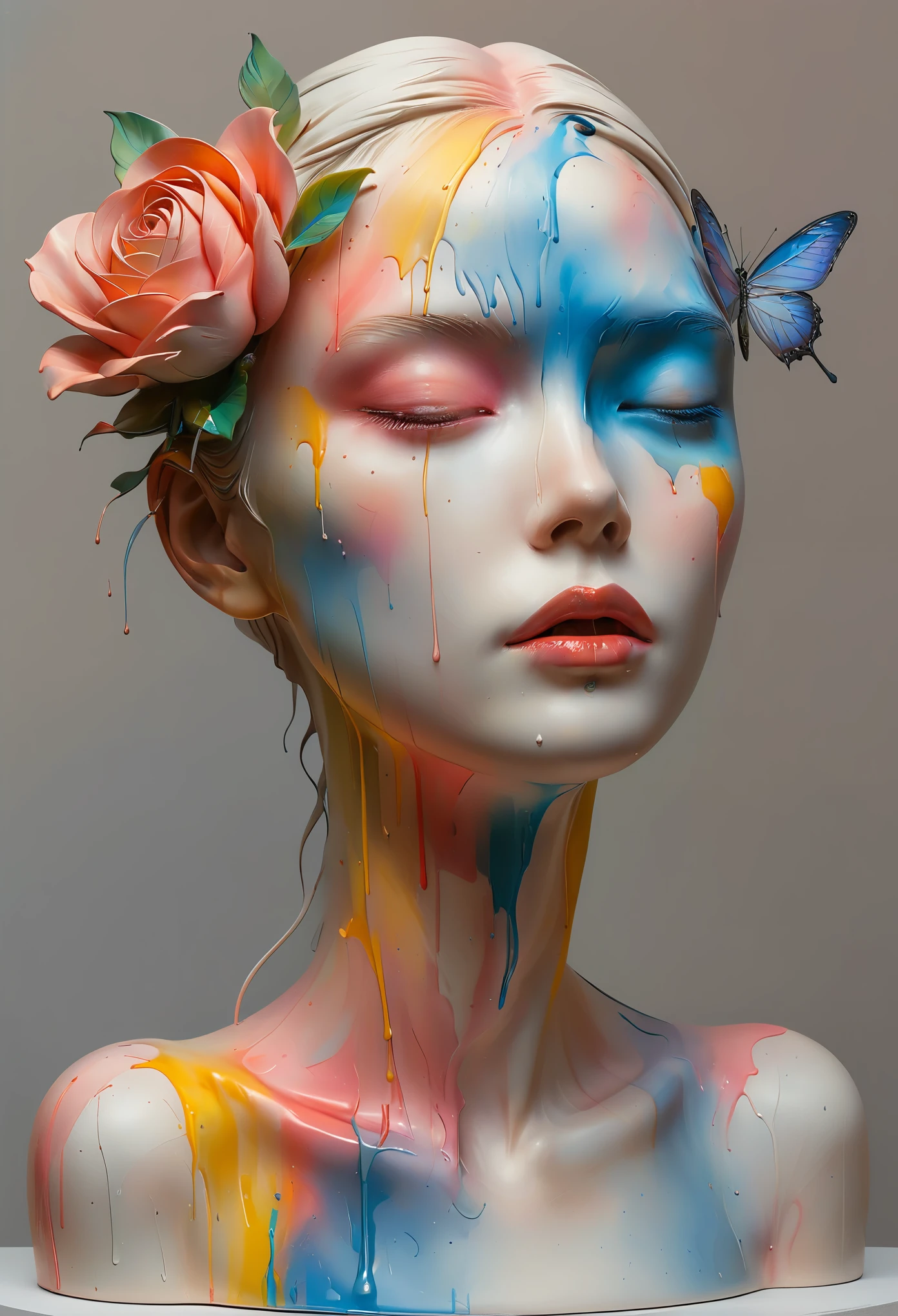 3D Sculpture，Elegant woman statue, Face painted with oil paint，Airbrush painting inspired by Cheng Yanjun, Popular on artstation, The art of math, Beautiful art UHD 4K, Detailed 4k, beautiful The art of mathwork, Colorful and surreal, james jean soft light 4k, james jean soft light 4k, james jenn and wop