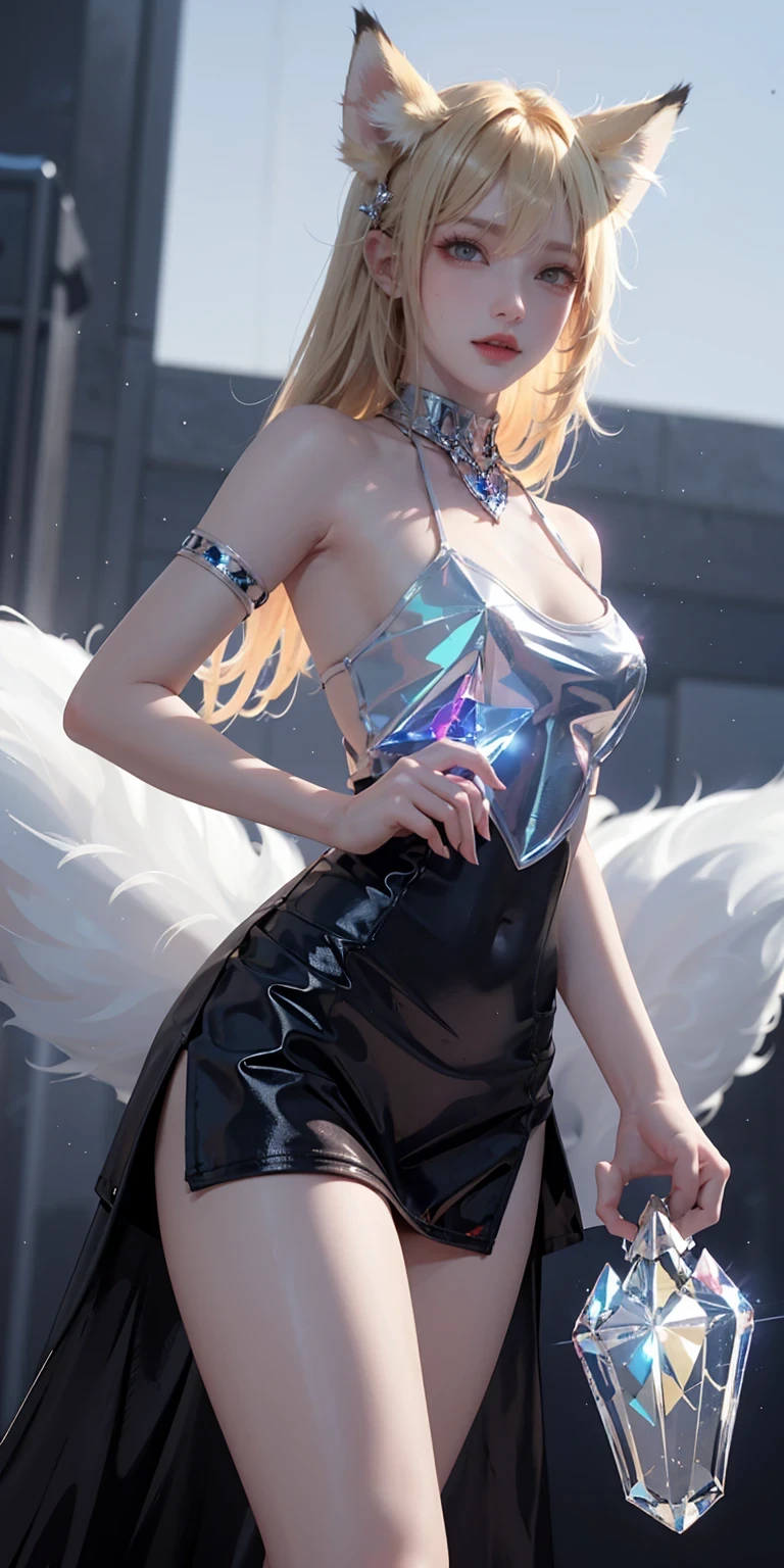 from below，Super Resolution, (Realism: 1.3), 1 (Slim: 1.2) Girl, Solo, Looking at the Audience, League of Legends, Fox, KDA Fox, Blonde Hair, Fox Ears, Fox Tail, Blue Coat, White Top, Black Skirt, Laser, Light Effect, Super Perfect Face, Perfect Eyes, Good Looking, ((Crystal Tail,)) Lots of Tails, Perfect Eyes