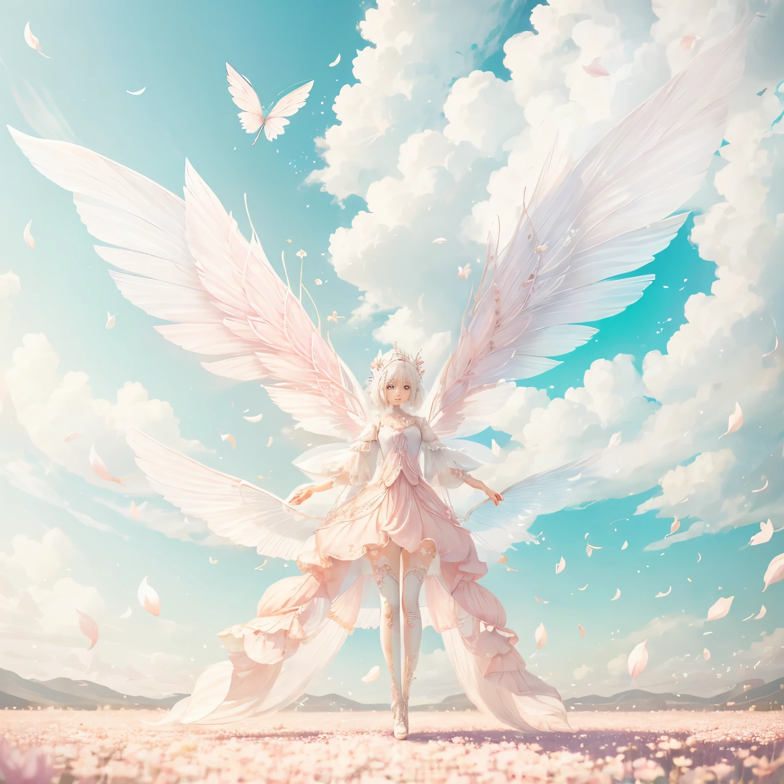 White-haired fairy in pink transparent clothes、on the sky，livestock，long legs，Symmetrical wings,magic（（（petals flying all over the ground）））（（pastel tones））（best quality））， （（intricate details））， （（Surrealism））（8k）