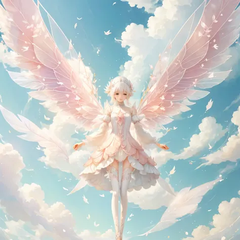 White-haired fairy in pink transparent clothes、on the sky，livestock，long legs，Symmetrical wings,magic（（（petals flying all over t...