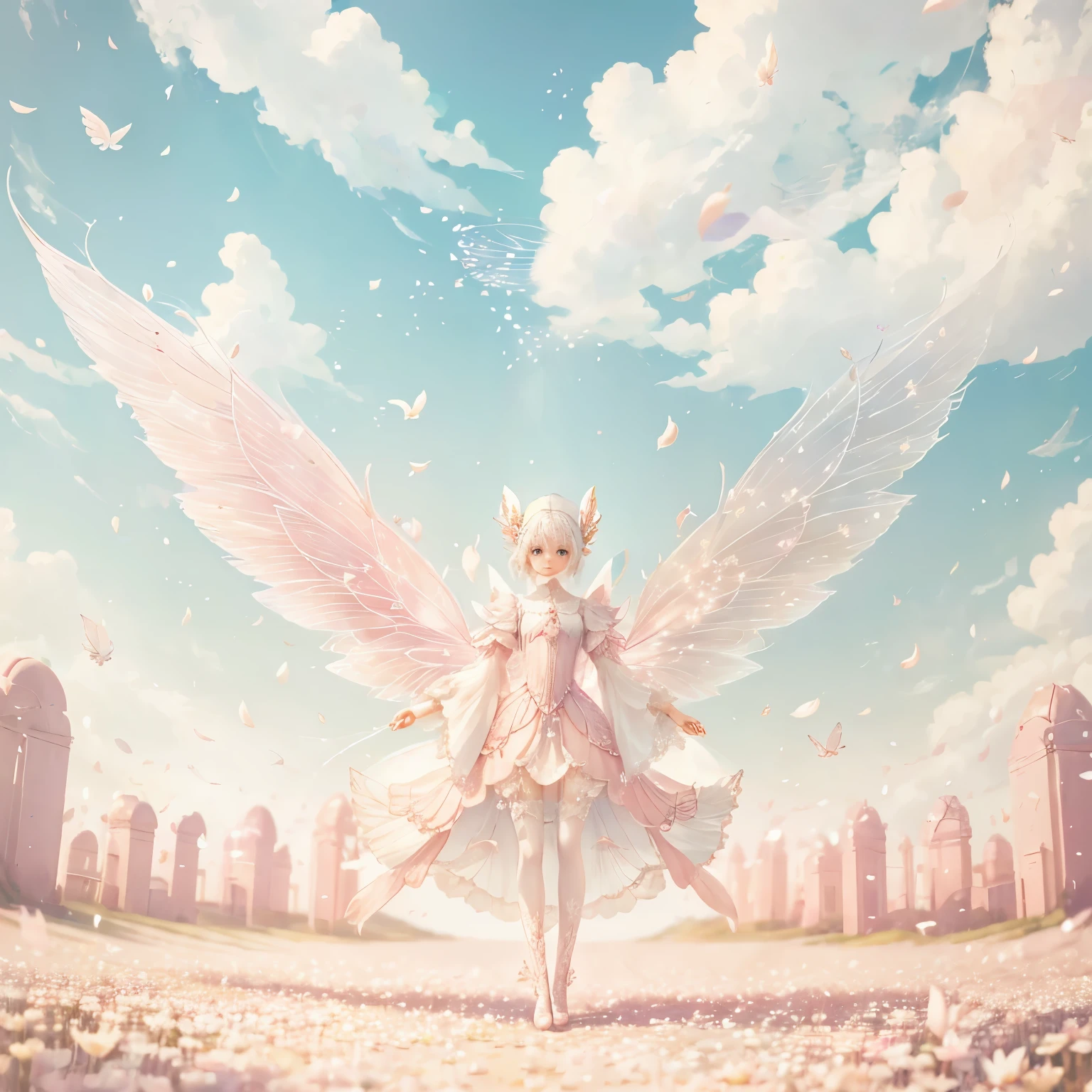 White-haired fairy in pink transparent clothes、on the sky，livestock，long legs，Symmetrical wings,magic（（（petals flying all over the ground）））（（pastel tones））（best quality））， （（intricate details））， （（Surrealism））（8k）