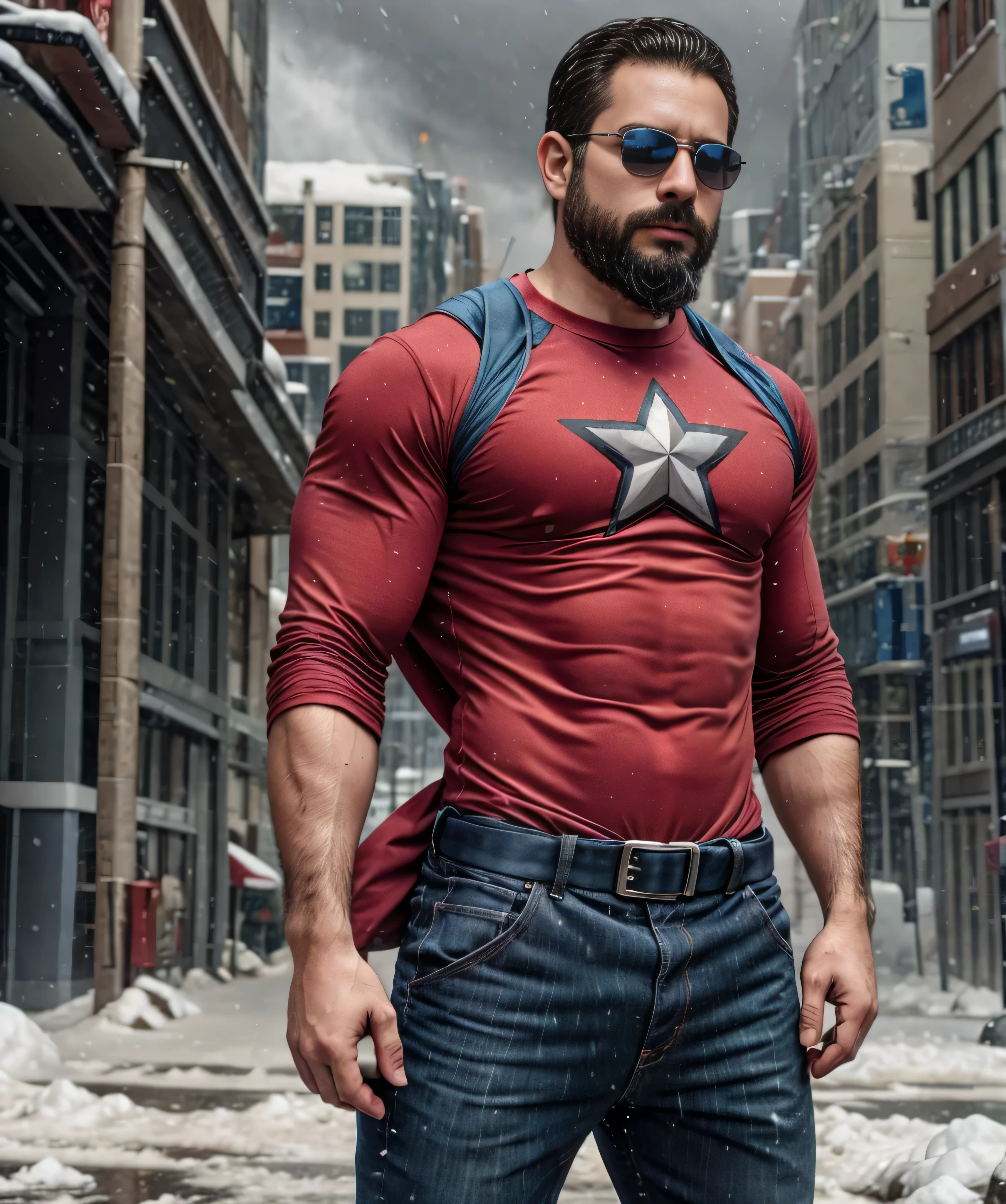 Obra maestra, desenfoque de campo, Parte superior del cuerpo, Hands in pants pockets, 38 year old man with beard and square sunglasses.. Man dressed in superhero pants and shirt in an action movie with a snow storm in the background.