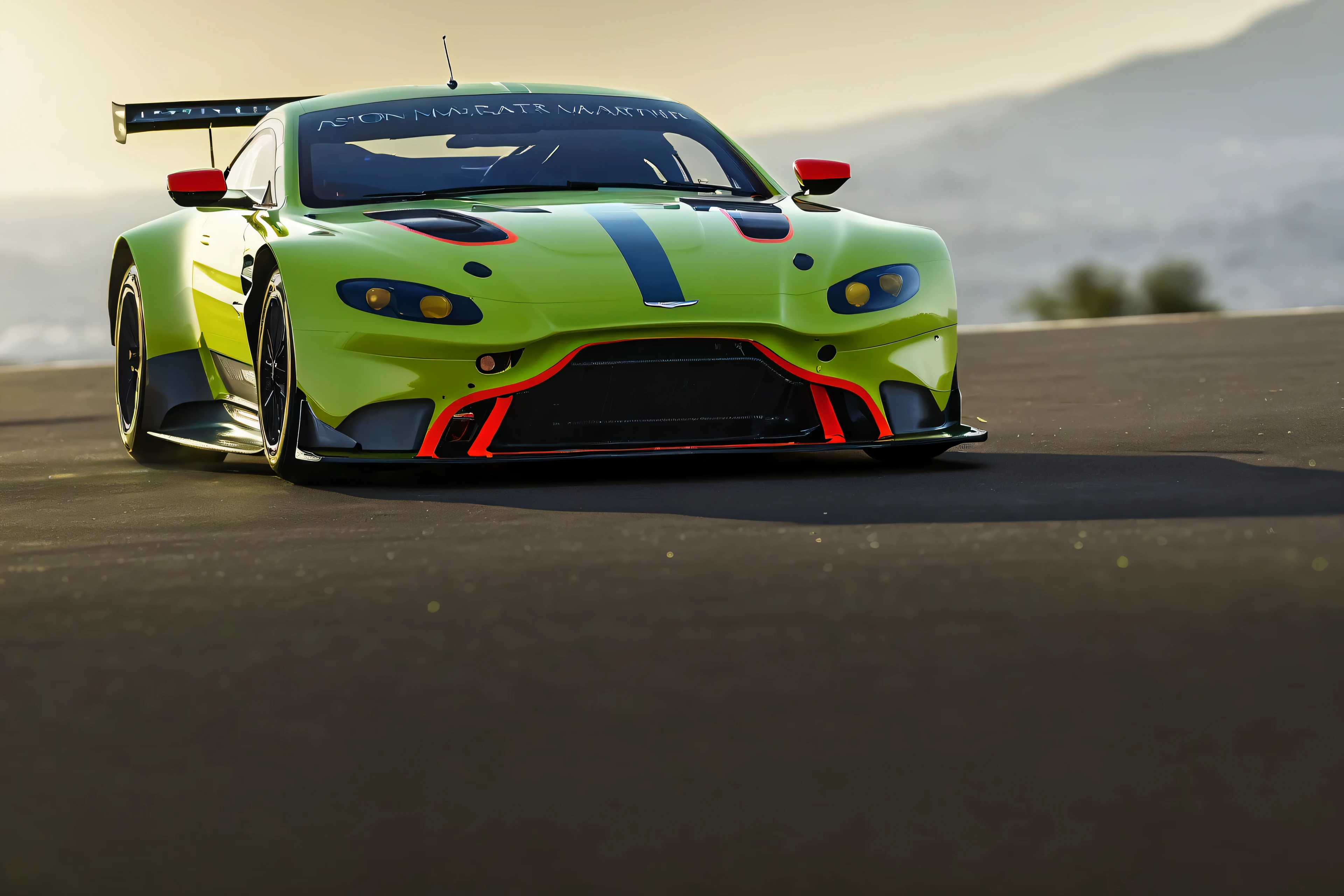 masterpiece, best quality, aston martin v8 vantage amr gte, le mans race track, in motion, full specular sharpened 3D, HDR, UHD, vivid colors, occlusion, masterpiece, panorama, super detail, accurate, best quality, 16K, ultra-super quality, ultra-photo realistic detail, utltra-high nanite atmospheric lighting, ultra-high detailed reflections, very far shot, ultra-wide angle, 4D composite mapping, ultra-high 3D depth mapping quality, ultra-high render quality, OLED, dynamic rich shadows, ultra-high realistic graphics, HDR, (very far shot), ultra-high background detail, god rays, backlighting