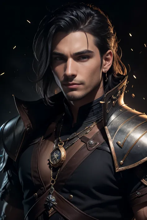 Portrait of a man, 1 male, 25yo, black hair, dark eyes, muscular, wearing dark medieval armor, piercings, ultra high resolution,...