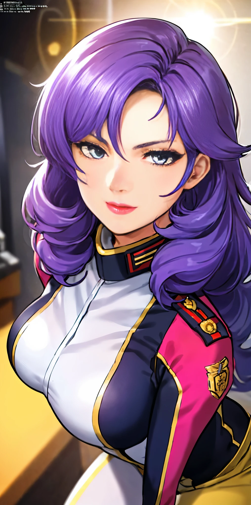 red uniform,pink military uniform, purple hair ,blue eyes,lipstick, long hair, 1 girl, 20yo,Young female,Beautiful Finger,Beautiful long legs,Beautiful body,Beautiful Nose,Beautiful character design, perfect eyes, perfect face,expressive eyes, looking at viewer, in the center of the image,(light_smile:0.5), official art,extremely detailed CG unity 8k wallpaper, perfect lighting,Colorful, Bright_Front_face_Lighting,shiny skin, (masterpiece:1.0),(best_quality:1.0), ultra high res,4K,ultra-detailed, photography, 8K, HDR, highres, absurdres:1.2, Kodak portra 400, film grain, blurry background, bokeh:1.2, lens flare, (vibrant_color:1.2) (Beautiful,large_Breasts:1.0), (beautiful_face:1.5),(narrow_waist)