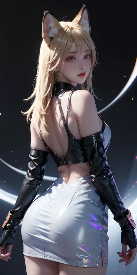 from back，Super Resolution, (Realism: 1.3), 1 (Slim: 1.2) Girl, Solo, Looking at the Audience, League of Legends, Fox, KDA Fox, Blonde Hair, Fox Ears, Fox Tail, Blue Coat, White Top, Black Skirt, Laser, Light Effect, Super Perfect Face, Perfect Eyes, Good Looking,Perfect Eyes