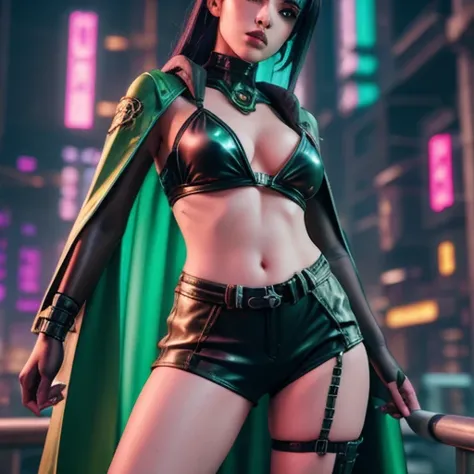 Anime style woman wearing green cape and black leather shorts, From League of Legends, Senna, Cyborg Punk Angry Gorgeous Goddess...