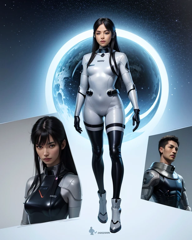 hay una foto de una mujer con un traje espacial, totalmente adaptado al espacio, detailed concepto de cuerpo completo art, unidad eva-00 en la parte de atrás, miembro de la tripulación de una nave espacial futurista, vestido con traje espacial, personaje de ciencia ficción, concepto de cuerpo completo art, vestido con armadura cibernética, traje espacial presurizado, retrato completo de electromante, concepto de cuerpo completo
