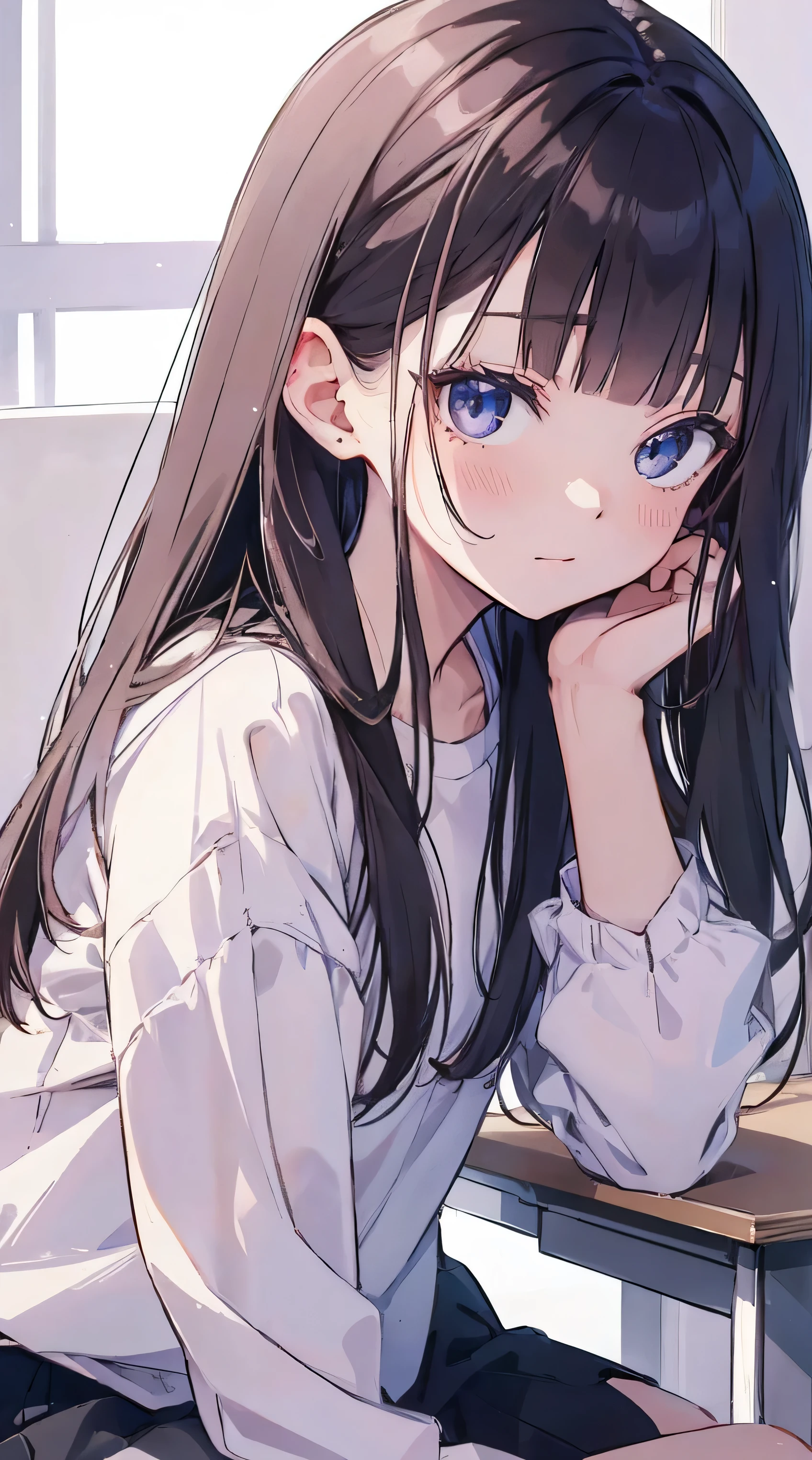 Anime girl sitting at a desk with her chin resting on her hand - SeaArt AI