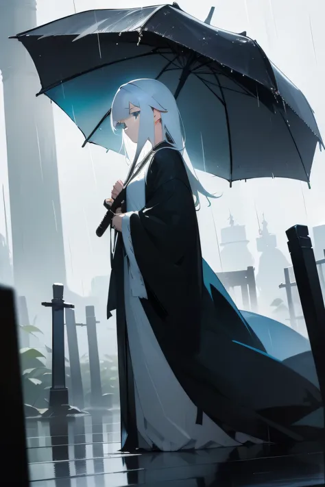 In a violent rainstorm，A beautiful white-haired girl dressed in antique clothes holds a dagger-shaped sword。Her eyes were firm，G...