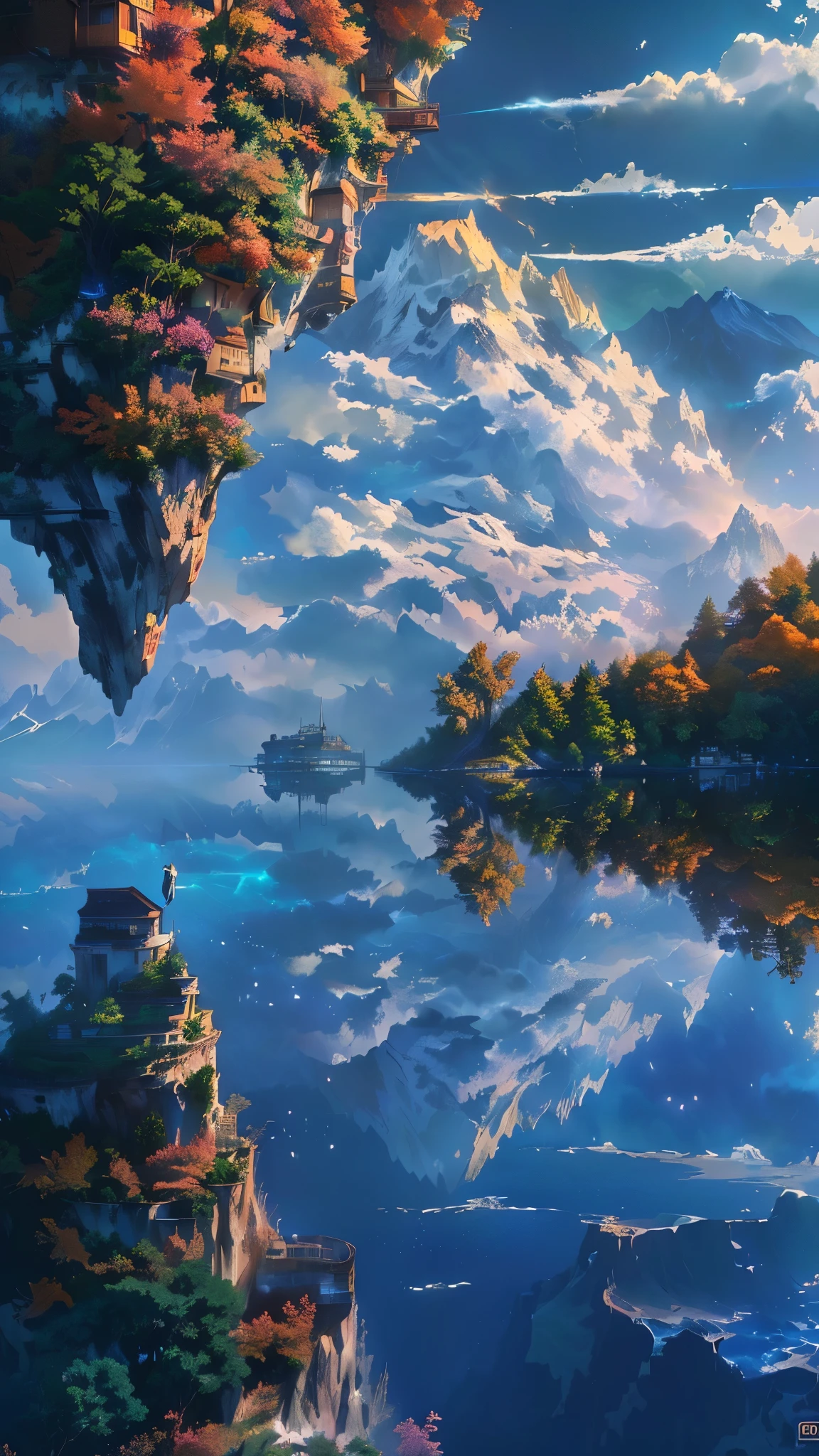 there is a picture of a mountain with a lake in it, 4k highly detailed digital art, floating mountains, 4k detailed digital art, detailed scenery —width 672, 4 k hd wallpaper very detailed, beautiful detailed pixel art, detailed dreamscape, island floating in the sky, 8k high quality detailed art, floating island in the sky, incredibly high detailed, makoto shinkai cyril rolando, cyril rolando and goro fujita, amazing wallpaper, island floating in the sky, dream scenery art, inspired by Cyril Rolando, cyril rolando and m.w kaluta, cyril rolando and m. w kaluta