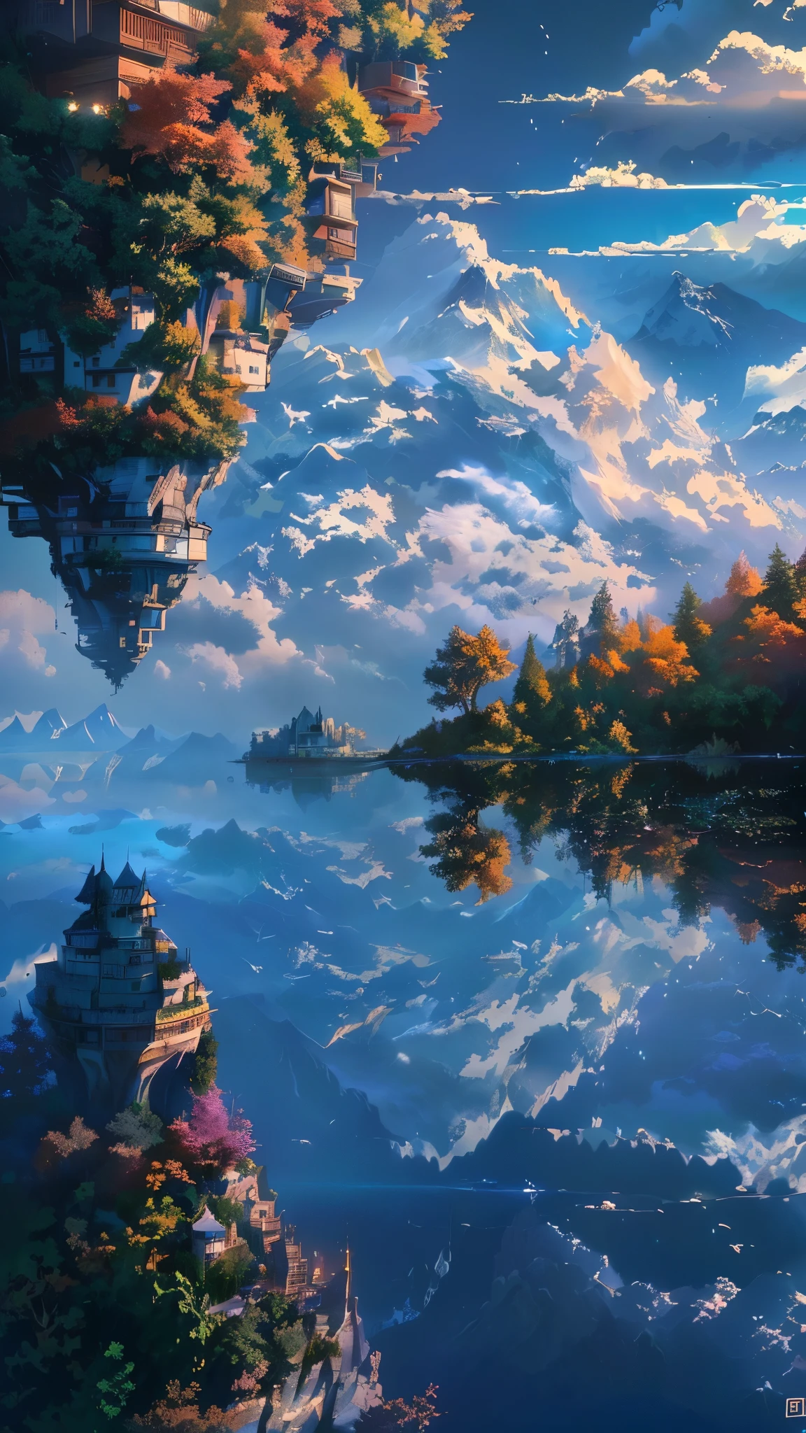 there is a picture of a mountain with a lake in it, 4k highly detailed digital art, floating mountains, 4k detailed digital art, detailed scenery —width 672, 4 k hd wallpaper very detailed, beautiful detailed pixel art, detailed dreamscape, island floating in the sky, 8k high quality detailed art, floating island in the sky, incredibly high detailed, makoto shinkai cyril rolando, cyril rolando and goro fujita, amazing wallpaper, island floating in the sky, dream scenery art, inspired by Cyril Rolando, cyril rolando and m.w kaluta, cyril rolando and m. w kaluta