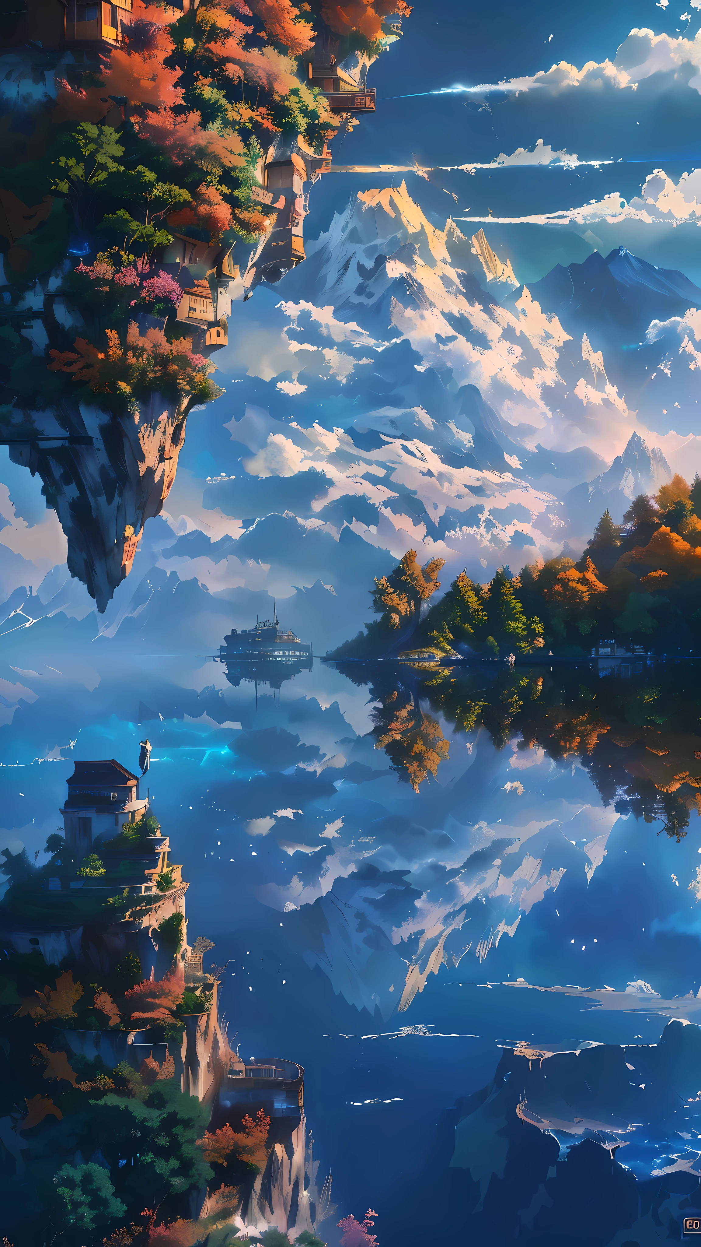 Es gibt ein Bild von einem Berg mit einem See darin, 4K hochdetaillierte digitale Kunst, schwebende Berge, Detaillierte digitale Kunst in 4K, detaillierte Landschaft — Breite 672, 4 k HD-Hintergrundbild sehr detailliert, wunderschöne, detaillierte Pixelkunst, detaillierte Traumlandschaft, Insel, die im Himmel schwebt, 8k hochwertige, detaillierte Kunst, schwebende Insel im Himmel, unglaublich detailreich, Makoto Shinkai Cyril Rolando, Cyril Rolando und Goro Fujita, tolle Tapete, Insel, die im Himmel schwebt, Traumlandschaftskunst, inspiriert von Cyril Rolando, Cyril Rolando und M.w kaluta, Cyril Rolando und M. w kaluta