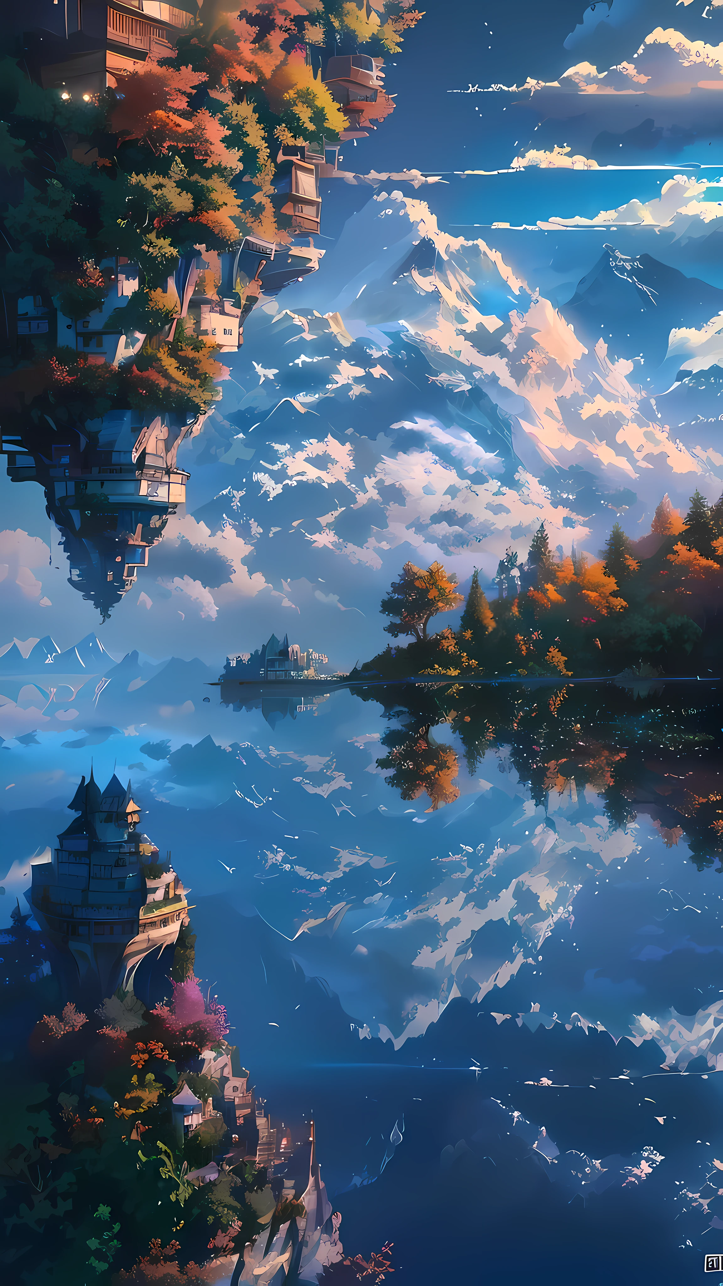 there is a picture of a mountain with a lake in it, 4k highly detailed digital art, floating mountains, 4k detailed digital art, detailed scenery —width 672, 4 k hd wallpaper very detailed, beautiful detailed pixel art, detailed dreamscape, island floating in the sky, 8k high quality detailed art, floating island in the sky, incredibly high detailed, makoto shinkai cyril rolando, cyril rolando and goro fujita, amazing wallpaper, island floating in the sky, dream scenery art, inspired by Cyril Rolando, cyril rolando and m.w kaluta, cyril rolando and m. w kaluta