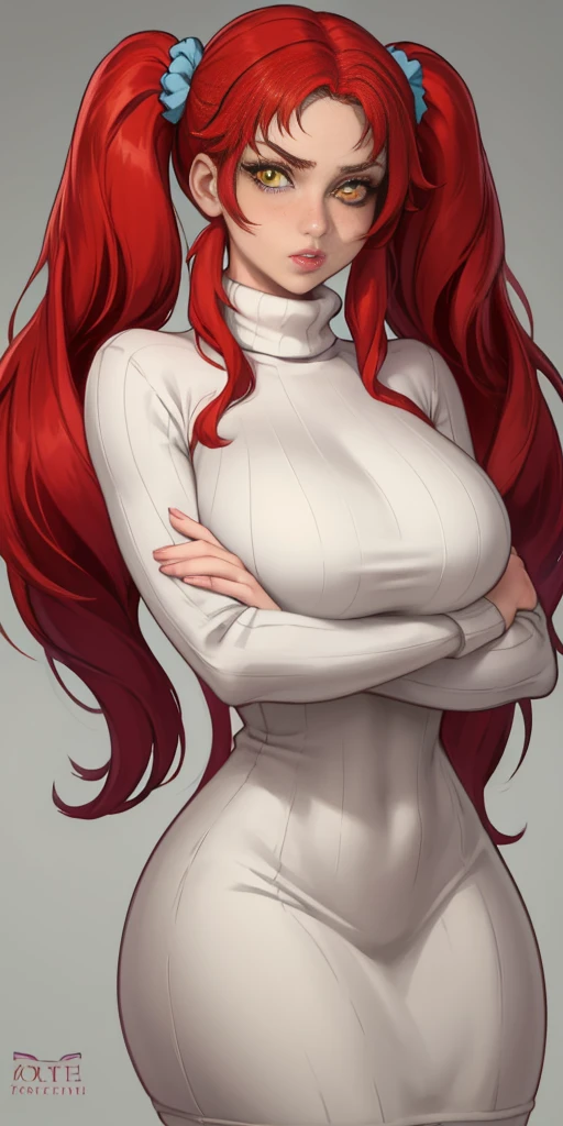 masterpiece, best quality, 1girl, solo, red hair, twintails, very long hair, yellow eyes, turtleneck, ribbed sweater, sweater dress, upper body, parted lips, lips, mature female, curvy, hair scrunchie, huge breasts, looking at viewer, crossed arms