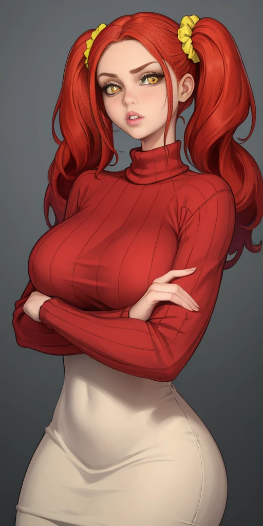 masterpiece, best quality, 1girl, solo, red hair, twintails, very long hair, yellow eyes, turtleneck, ribbed sweater, sweater dress, upper body, parted lips, lips, mature female, curvy, hair scrunchie, huge breasts, looking at viewer, crossed arms