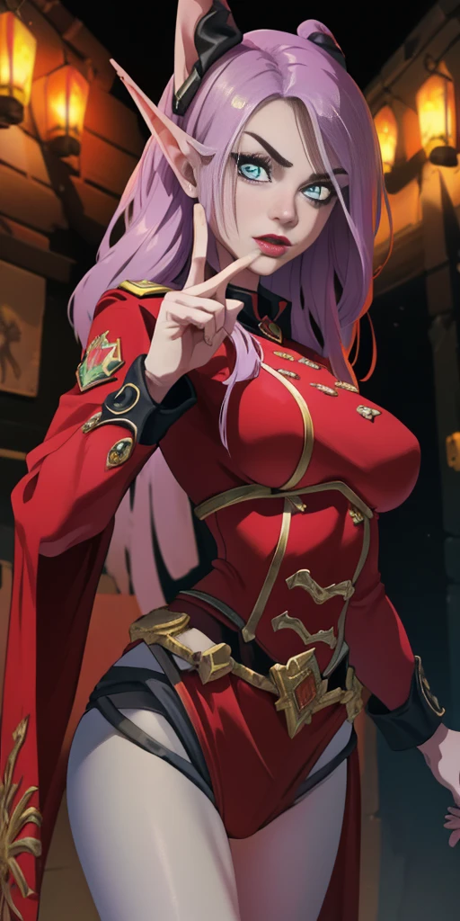 red uniform, pink military uniform, purple hair ,blue eyes, lipstick, long hair, 1 girl, 20yo,Young female, Beautiful Finger, Beautiful long legs, Beautiful body, Beautiful Nose, Beautiful character design, perfect eyes, perfect face, expressive eyes, looking at viewer, in the center of the image,(light_smile:0.5), official art, extremely detailed CG unity 8k wallpaper, perfect lighting, Colorful, Bright Front face lighting, shiny skin, (masterpiece:1.0),(best_quality:1.0), ultra high res,4K,ultra-detailed, photography, 8K, HDR, high res, absurdres:1.2, Kodak portray 400, film grain, blurry background, bokeh:1.2, lens flare, (vibrant_color:1.2) (Beautiful,large_Breasts:1.0), (beautiful_face:1.5),(narrow waist) Grey Skin Elves