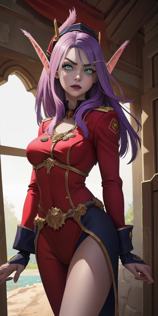 red uniform, pink military uniform, purple hair ,blue eyes, lipstick, long hair, 1 girl, 20yo,Young female, Beautiful Finger, Beautiful long legs, Beautiful body, Beautiful Nose, Beautiful character design, perfect eyes, perfect face, expressive eyes, looking at viewer, in the center of the image,(light_smile:0.5), official art, extremely detailed CG unity 8k wallpaper, perfect lighting, Colorful, Bright Front face lighting, shiny skin, (masterpiece:1.0),(best_quality:1.0), ultra high res,4K,ultra-detailed, photography, 8K, HDR, high res, absurdres:1.2, Kodak portray 400, film grain, blurry background, bokeh:1.2, lens flare, (vibrant_color:1.2) (Beautiful,large_Breasts:1.0), (beautiful_face:1.5),(narrow waist) Grey Skin Elves